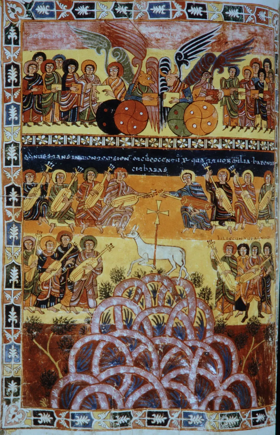 A page from a medieval manuscript with bright flat colours illustrating the Apocalypse.