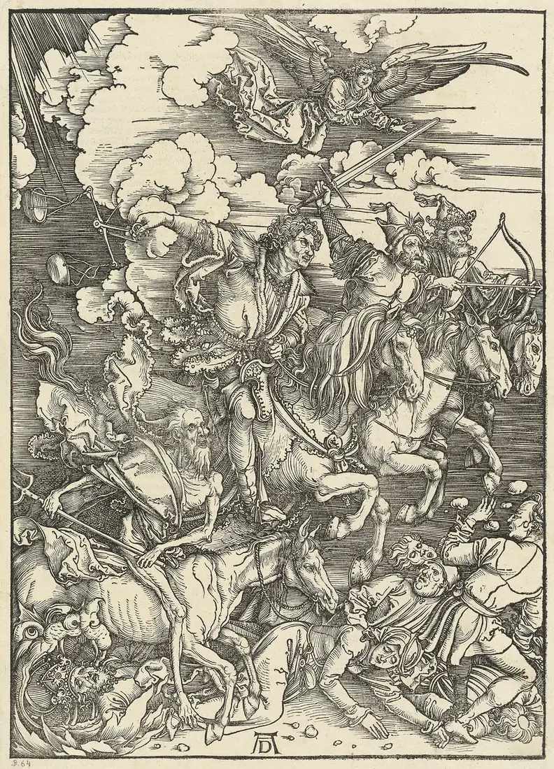 A woodcut of four riders charging across the land, trampling people beneath them.