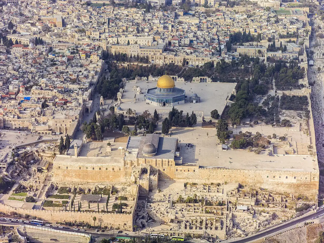 An aerial view of the golden Dome of the Rock on the Temple Mount in Jerusalem.