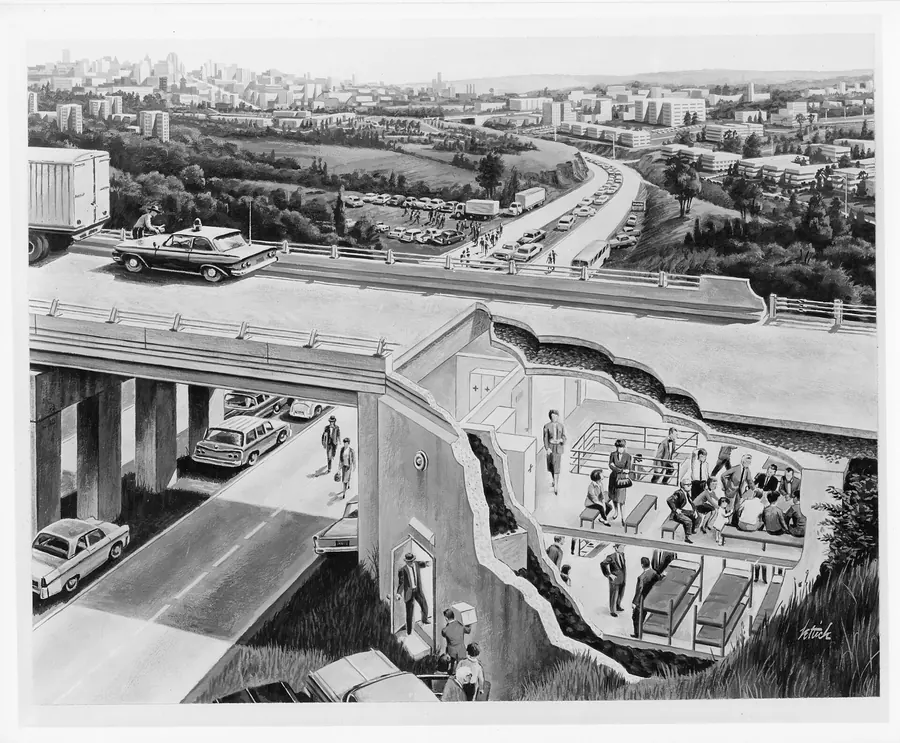 A black and white illustration cutting away an overpass to show a bomb shelter beneath it.