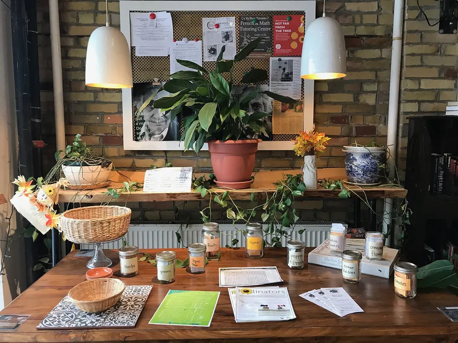 A table with jars and envelopes of seeds laid out for neighbours to take.